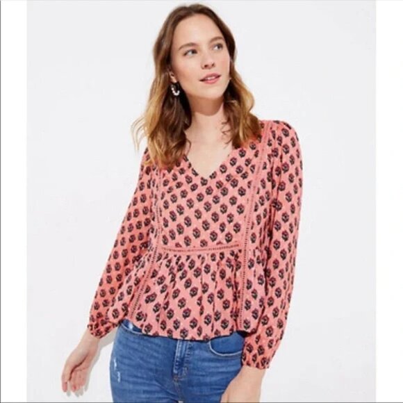LOFT Tops - Loft womens 16 pink floral Swiss dot long sleeve v-neck peplum peasant blouse